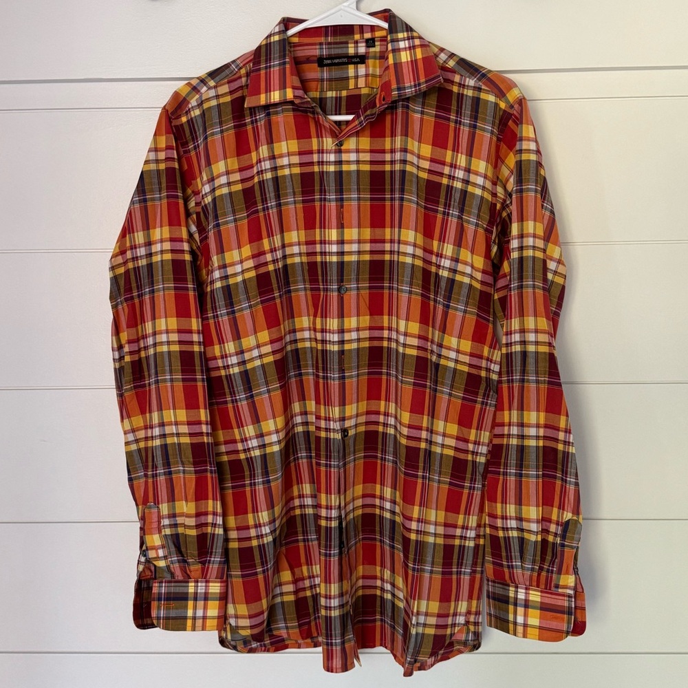 John Varvatos Red and Orange Plaid Casual Shirt, Men’s 20